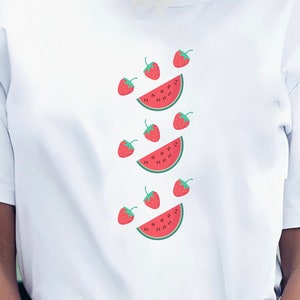 Schönes Sommer-Wassermelonen- und Erdbeer-T-Shirt, Sommerzeit-Spaß-Melonen-weiches T-Shirt, ideal für Sommerparty-Veranstaltungen, Melonenliebhaber-Shirts