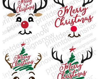 May include: Four digital designs featuring a reindeer with antlers and a Christmas tree with the text "Merry Christmas". The designs are in red, green, and black.