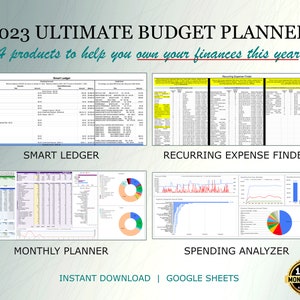 May include: A digital budget planner for 2023 with four Google Sheets templates: Smart Ledger, Recurring Expense Finder, Monthly Planner, and Spending Analyzer. The templates are designed to help you own your finances this year.