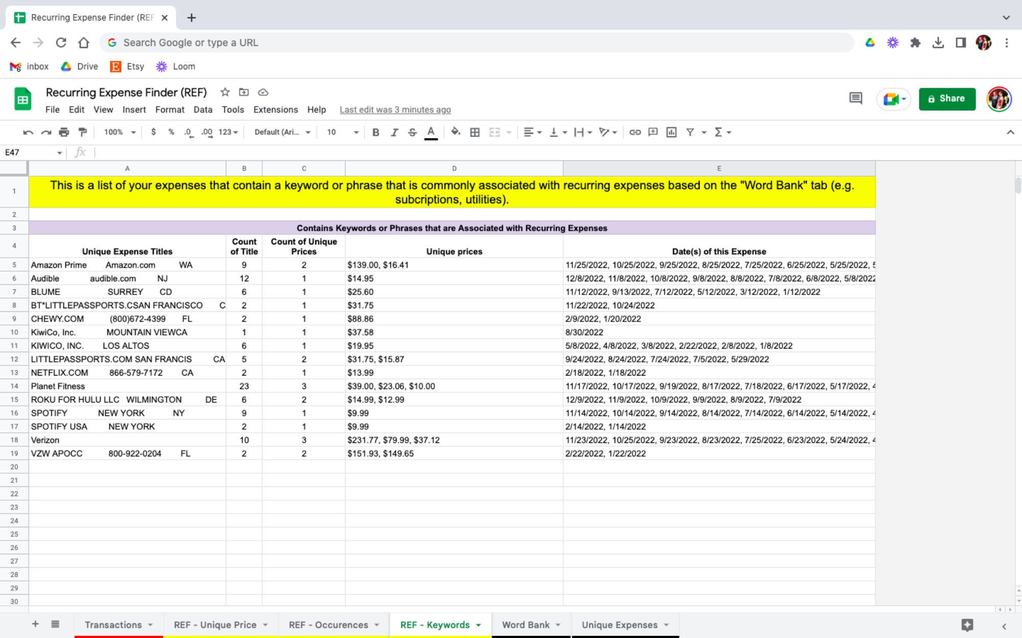 Recurring Expense Matrix Recurring Expense Finder - Google Sheets - Etsy