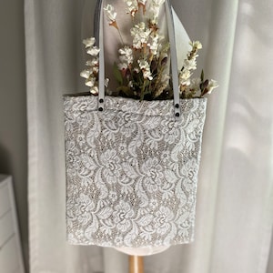 Lace Tote Bag shopping Bag Fashionable Woman Handmade Sustainable Shoulder Real Leather handles Cute