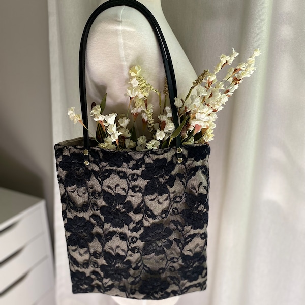 Black Lace Tote Bag School Bag Fashionable Woman Handmade Sustainable Shoulder Real Leather handles Cute