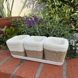 May include: Three knitted plant pots with a white top and a brown bottom. The pots are sitting on a white tray.