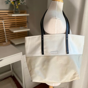 Faux Leather Ivory/White Tote Bag with Black Handles shopping Bag Fashionable Large Woman Handmade Real Leather handle S