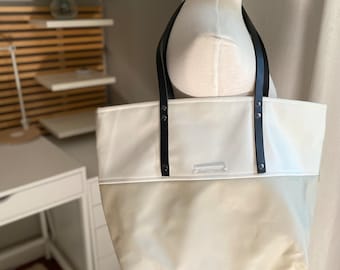 Faux Leather Ivory/White Tote Bag with Black Handles shopping Bag Fashionable Large Woman Handmade Real Leather handle S