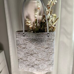 White Lace Tote Bag School Bag Fashionable Woman Handmade Sustainable Shoulder Real Leather handles Cute