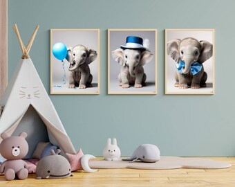 Set of 3 Baby Elephant Nursery Wall Art Decor - Animal Decor images - Blue Themed Baby Elephant Prints - Printable - Digital Download