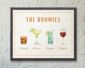 Personalized Roommate Cocktail Print: Custom Watercolor Bar Art