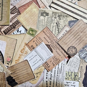 May include: A collage of vintage ephemera, including postcards, receipts, and labels. The items are in various shades of beige, brown, and cream, with some featuring printed text and illustrations. The arrangement creates a layered, textured effect, perfect for scrapbooking or crafting.