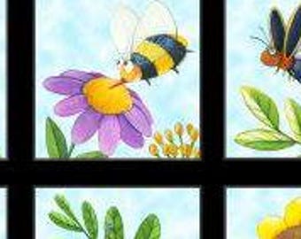 SALE! 24&quot; by 44&quot; Panel Fabric Cute Bug Blocks Ladybug Caterpillar Butterfly Mushroom Flower Beetle Elizabeth&#39;s Studio 17008