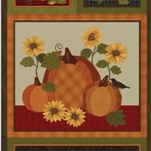 SALE! Fabric PANEL A Wooly Autumn Pumpkins & Sunflowers Benartex Quilt Cotton 13055-99