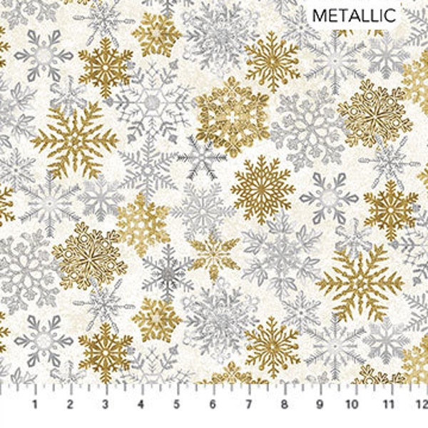 Fabric Metallic Gold Grey Snowflakes Cotton Fabric Stonehenge White Christmas Northcott 24203M-11