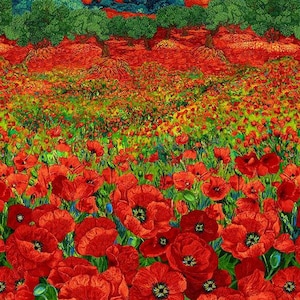 Fabric Red Poppy Flower Scenery Border Poppy Dreams Collection Chong-A Hwang Timeless Treasures Quilt Cotton 3220