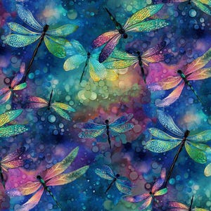 May include: A vibrant, repeating pattern featuring colorful dragonflies against a textured, watercolor-style background. The dragonflies have iridescent wings in shades of blue, green, pink, and yellow. The background is a mix of blues, purples, and greens.