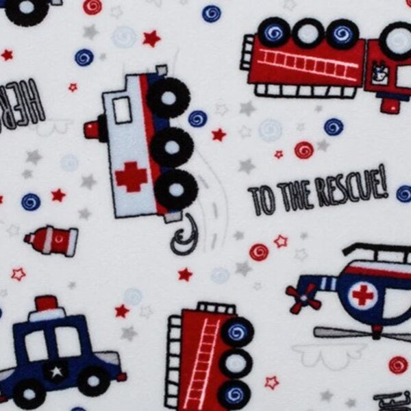 Fabric MINKY Shannon To The Rescue Firetrucks Helicopter, Ambulance 60 Inch wide Soft Warm Fuzzy 100% Polyester