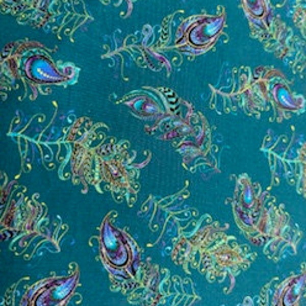 Wideback Fabric Jade Peacock Fantasy Feathers 108 Inch Wide Cotton Quilt Backing Ann Lauer  Benartex free shipping option