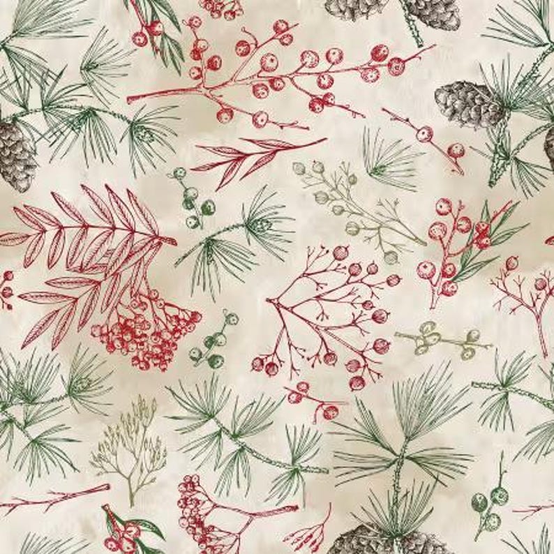 May include: A seamless pattern featuring hand-drawn botanical illustrations of pine branches, pinecones, and clusters of red berries. The design is rendered in fine green and red ink lines against a textured, light beige, parchment-like background.
