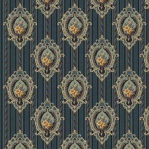 May include: A repeating pattern featuring ornate oval medallions with yellow floral arrangements on a teal background. The medallions are framed by gold and dark brown decorative elements, set against vertical teal and brown stripes.