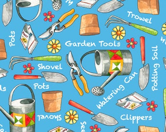 Fabric Who Let The Hogs Out Garden Theme Pots Rake Clippers Trowel Seeds Water Can Cotton Quilt Fabric from QT fabrics Yardage 25941-bw