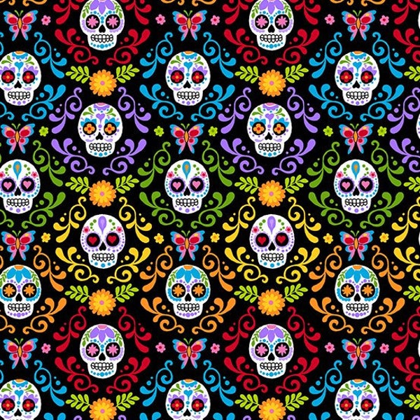 Fabric The Day Of The Dead Skulls Colorful on Black Cotton Quilt Fabric Andover Yardage Free  shipping option