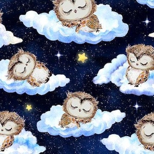 Fabric Owl Always Love You Clouds Dark Blue Background Timeless Treasures Quilt Cotton 3295
