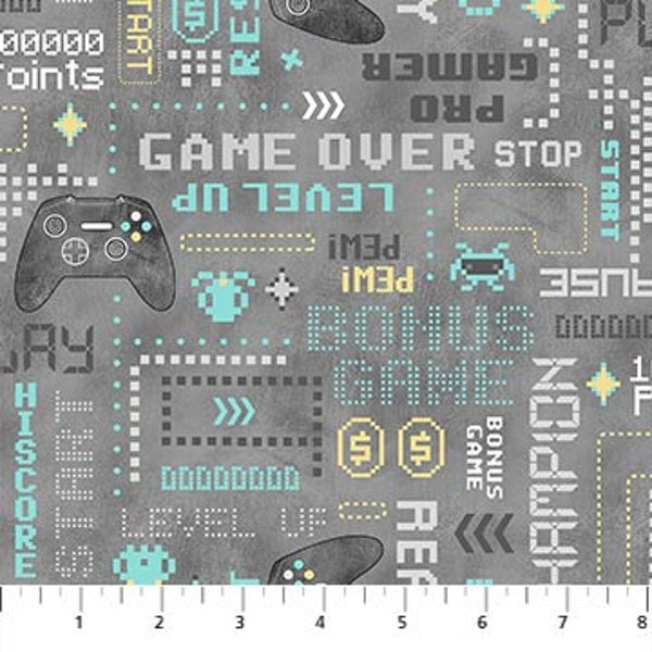 Fabric Northcott Video Gaming Zone Gamers Controllers, Words, Symbols Grey  Northcott Cotton Quilt Yardage 24571-94 FREE SHIPPING OPTION