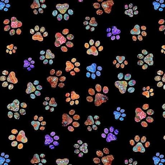 Wideback Fabric Rainbow Pawprints on Black Quilt Room Kitties 108 Inch Wide Backing QT Quilt Cotton 30381J