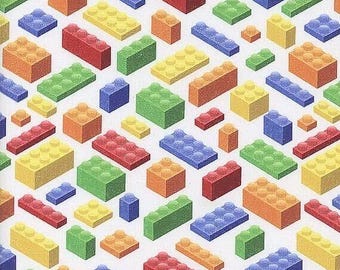 Fabric Bright Colors Building Blocks Spaced White Background Cotton Quilt