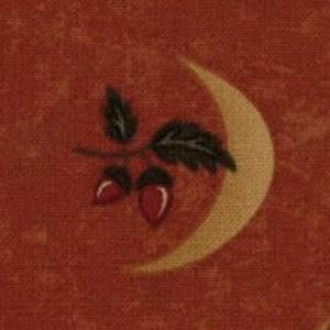 May include: A crescent moon with a branch of leaves and three red acorns on a rust-colored background.