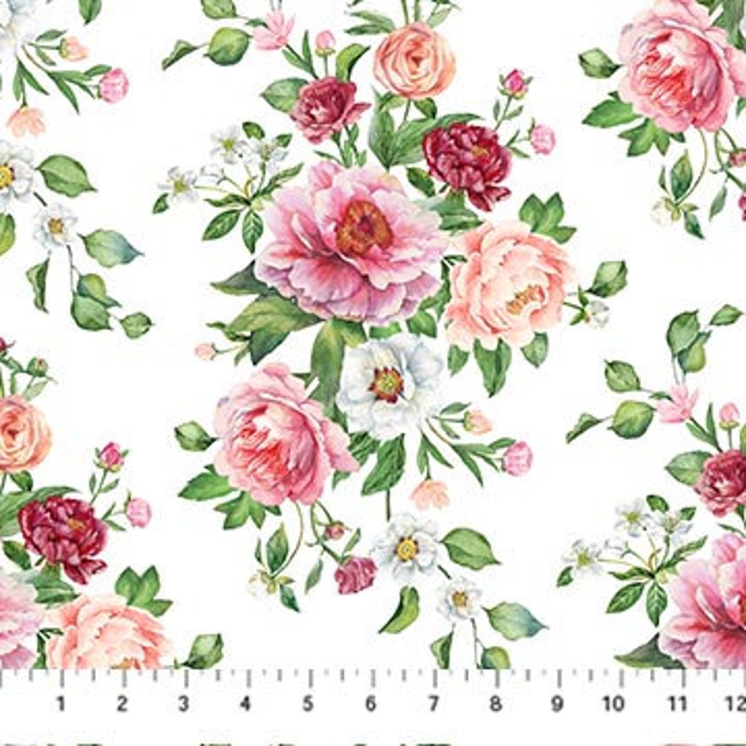Fabric 1.5 Yards Floral Bouquet Pink Flowers on White Blush Collection ...