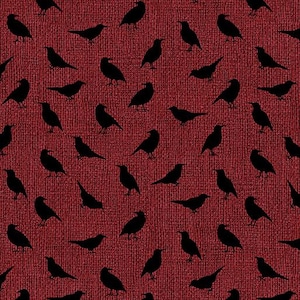 May include: A repeating pattern of black bird silhouettes on a textured, deep red background. The birds are in various poses, creating a visually dynamic and slightly gothic aesthetic. The design is suitable for fabric or wallpaper.