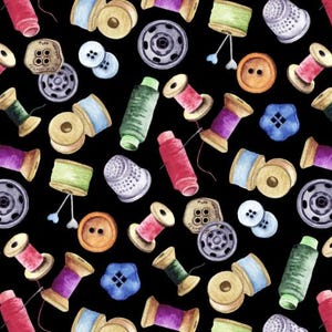 May include: A repeating pattern of sewing notions on a black background. The image features spools of thread in various colors, buttons, thimbles, and snaps. The spools are in shades of pink, green, purple, and blue.