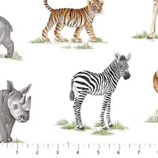 Fabric Baby Safari Animals White Northcott Quilt Fabrics Tiger Elephant Zebra Giraffe, Rhino Yardage 24672-10  FREE SHIPPING Option