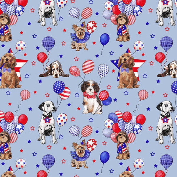 Fabric Paws For America Sweet USA Dogs With Red White and Blue Balloons Cotton Quilt Fabric Yardage 7068 FREE SHIPPING Option