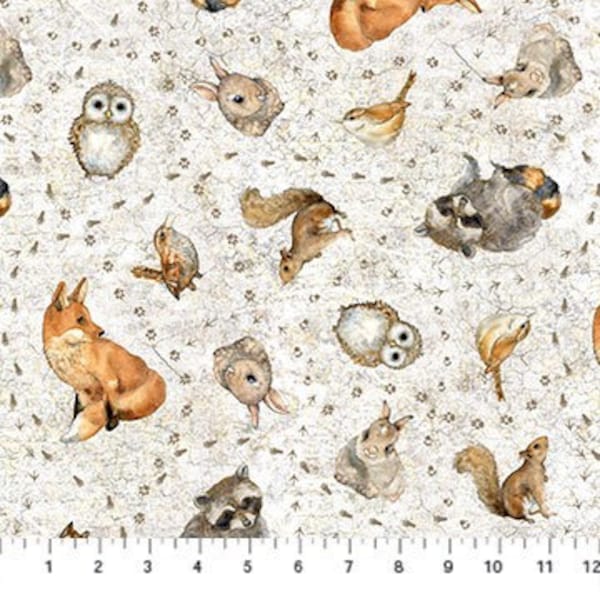 Fabric Forest Animals Cotton Quilt Fabric Fox ,Owl, Squirrel, Rabbit, Raccoon Tracks Tenderwood Northcott 24174-12 Yardage