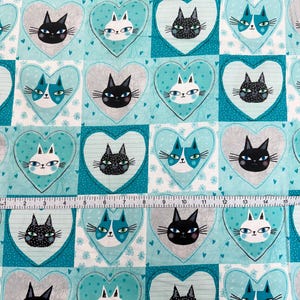 SALE 1 yard Fabric Cats & Hearts 3.5 inch Blocks on Turquoise Quilt Cotton Benartex 13163-81