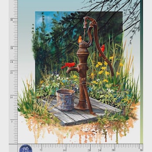 May include: A watercolor painting of a vintage water pump with a bucket, set in a lush garden scene. Red cardinals perch on the pump. The scene includes wildflowers and tall grass, with a wooden platform. The image has a rustic, pastoral theme.