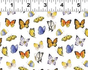 May include: White fabric with a repeating pattern of colorful butterflies. The butterflies are in shades of yellow, orange, blue, and white.