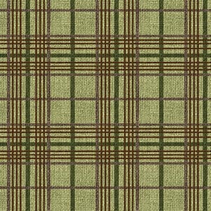 May include: A textile fabric featuring a repeating plaid pattern with a light olive green base. The design consists of intersecting vertical and horizontal lines in dark forest green and deep brown, creating a structured grid across the surface.