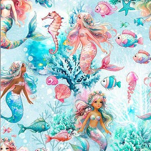 May include: A whimsical illustration featuring mermaids, seahorses, and fish on a light blue background. The mermaids have long flowing hair and tails, and the fish are colorful and detailed. The illustration is perfect for a child's room or nursery.