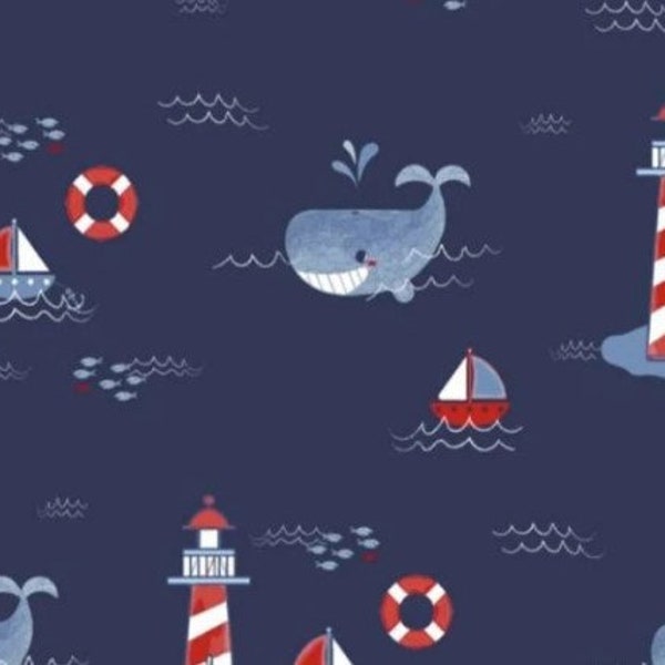 Fabric MINKY Shannon  Lighthouse Whales Blue 60 Inch wide Soft Warm Fuzzy 100% Polyester Yardage 7672