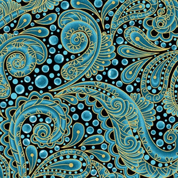 Fabric Turquoise Metallic Bubbles and Paisley Ann Lauer Benartex Cotton Quilt Yardage 13005M-84