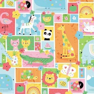 May include: A colorful, whimsical pattern featuring various cartoon animals and objects. The design includes a zebra, giraffe, panda, crocodile, and more, set against a backdrop of squares in pastel colors. Flowers and rainbows add to the playful theme.