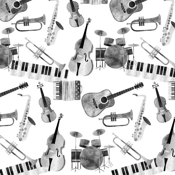 Fabric Extra Credit Musical Instruments Keyboards Drum Guitar Horns Accordion Sax Cello Trumpet Quilt Cotton Freckle Lollie Yardage