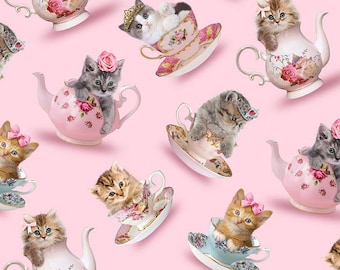 Teacup Kitty Princess Fabric Pink Timeless Treasures Quilt Cotton  3578