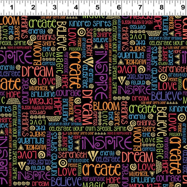 Fabric Celestial Magic Bright Color Words on Black Cotton Quilt Fabric Laurel Burch, Clothworks  Yardage 3162-3  Free Shipping Option