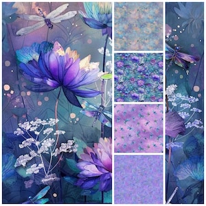 May include: A digital art print featuring a vibrant floral and dragonfly design. The artwork showcases large purple and blue flowers, dragonflies, and various patterned backgrounds in shades of purple, blue, and teal. The overall theme is nature and fantasy.