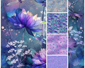 May include: A digital art print featuring a vibrant floral and dragonfly design. The artwork showcases large purple and blue flowers, dragonflies, and various patterned backgrounds in shades of purple, blue, and teal. The overall theme is nature and fantasy.