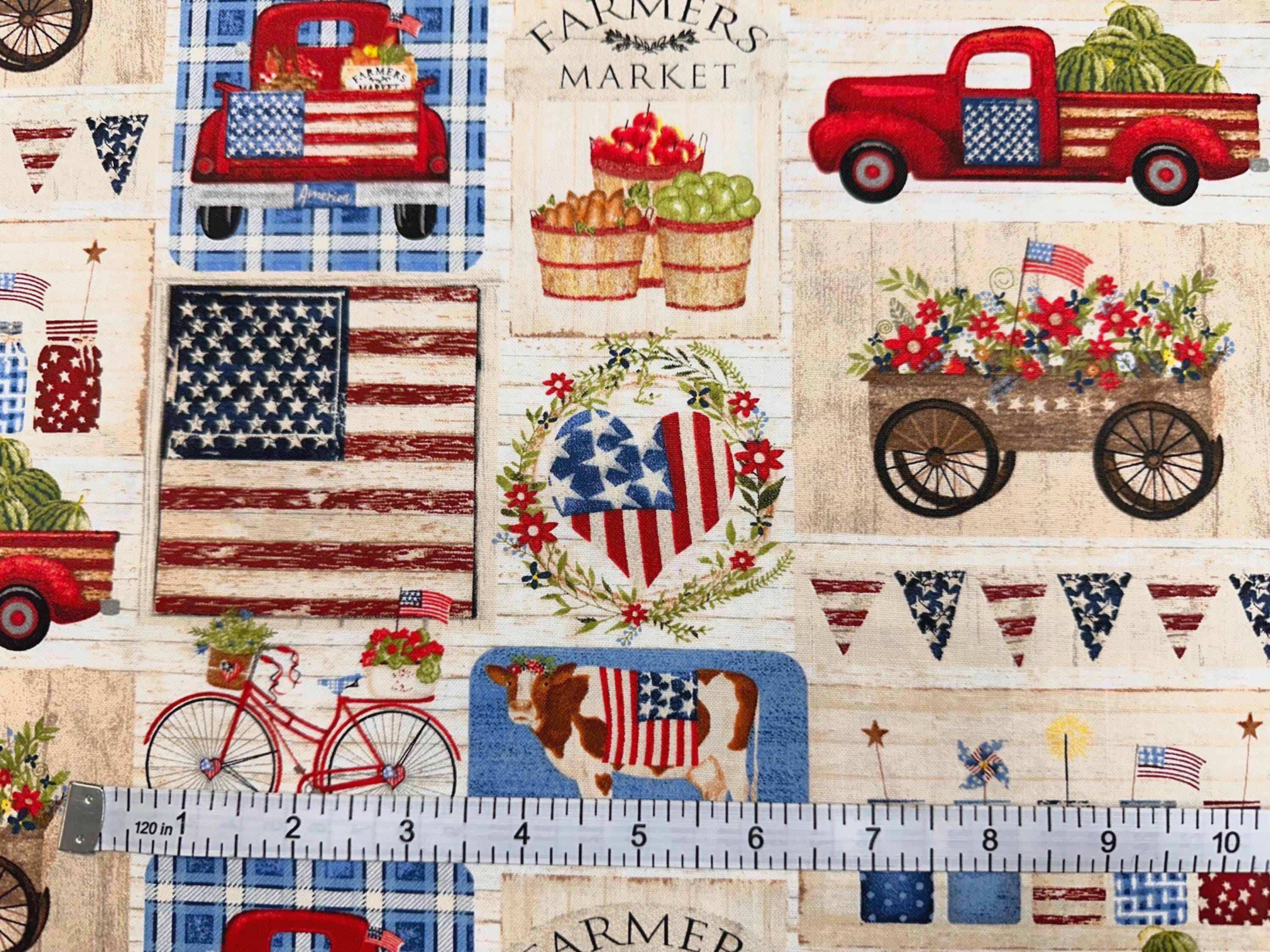 SALE! 1 yard Fabric Hometown America Patches Trucks Campers Patchwork Cotton Quilt  Yardage 18699