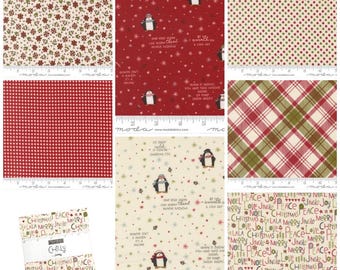 May include: A collection of seven fabric squares featuring various patterns including red and cream floral, red with penguins and text, green and red stars, red gingham, red and green plaid, cream with penguins and text, and cream with holiday words.